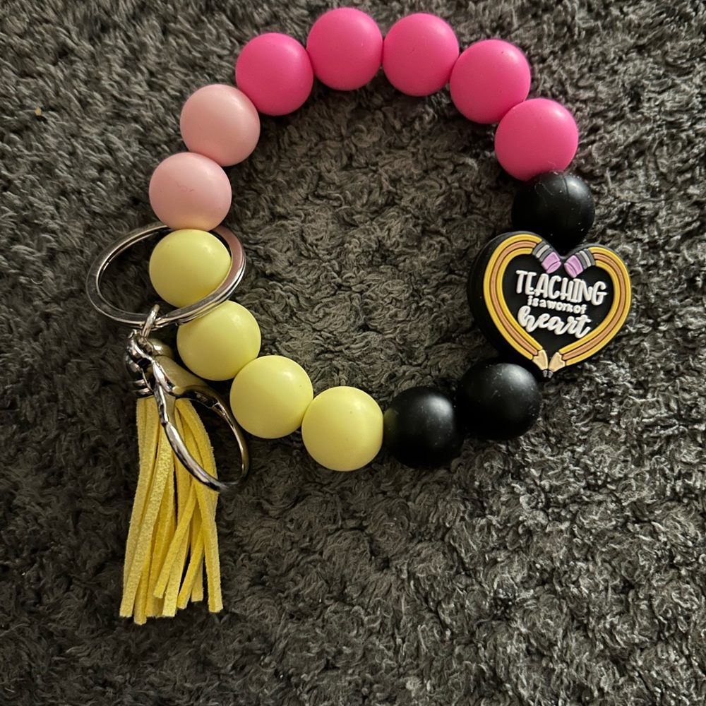 Teaching Is A Work Of Heart Beaded Keyring Bracelet - Pink, Yellow, Black